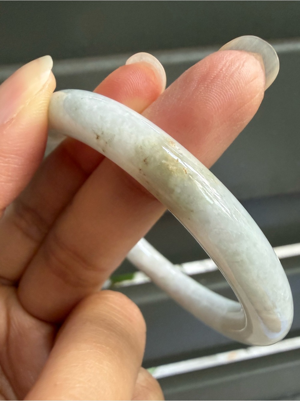 58.4 White Green Burmese Jadeite Jade - Natural Grade A Bangle Bracelet - Picture 6 of 14